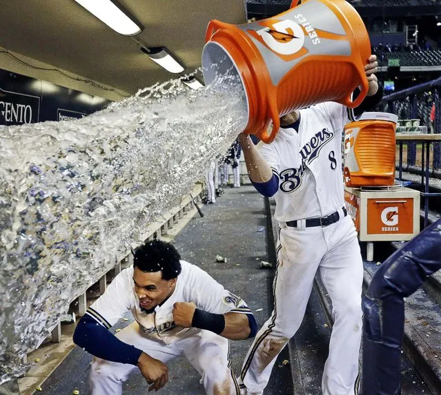Milwaukee Brewers' Carlos Gomez ducks out of the way as teammate Ryan Braun tries to dunk him with water after beating the San Francisco Giants 4-3, on April 17, 2013. (Photo by Morry Gash/Associated Press)