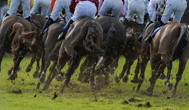 Runners kick up the ground as they round a bend at Wincanton Racecourse, southwest England, Thursday November 19, 2020. Many areas of England have suffered heavy rainfall over recent days. (Photo by Alan Crowhurst/PA Wire via AP Photo)