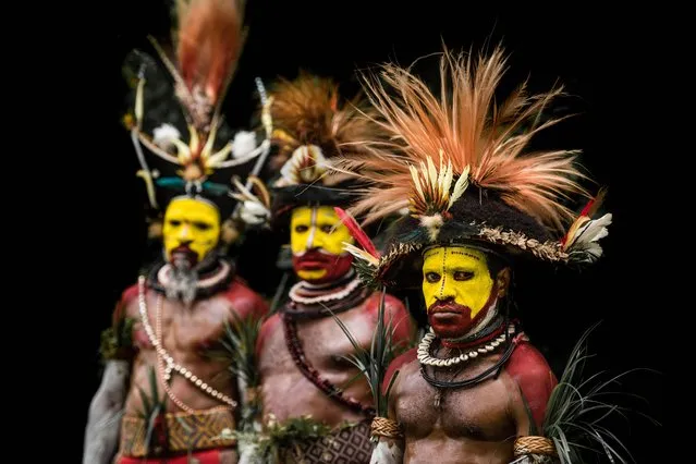 These powerful images capture the spear-wielding tribes of Papua new Guinea who believe they are possessed with the spirit of the crocodile. They show how the Kangunaman clansmen scar their backs to resemble reptile scales while the Huli Wigmen wear elaborate headdresses to signal they are ready for battle. The Kunai men – armed with spears, bows and axes – are pictured with striking red, black and yellow paint on their faces. Northern Irish photographer Trevor Cole took the stunning images during a gathering of tribes known as a Sing-Sing. Here, the clans come together to show off their own cultures, dances and music. (Photo by Trevor Cole/Media Drum World)