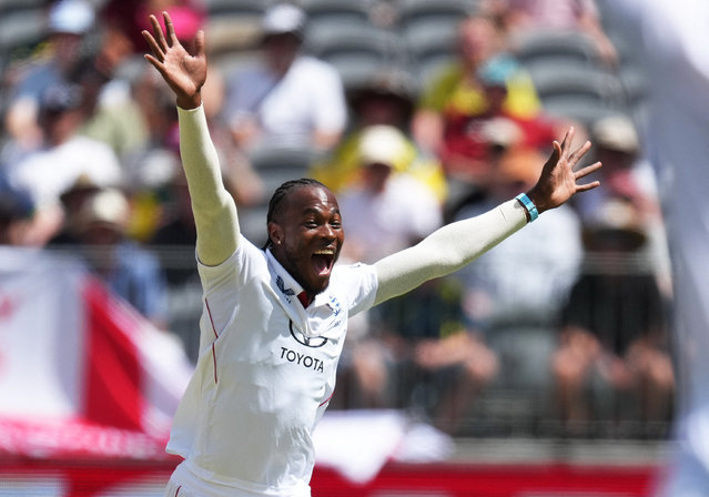 England's Jofra Archer celebrates after taking the wicket of Australia's Marnus Labuschagne (not pictured) on day one of the first test of the NRMA Insurance Ashes Series 2025 at the Optus Stadium in Perth, Australia on  Friday, November 21, 2025. (Photo by Asanka Brendon Ratnayake/Reuters)