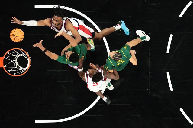 St. John’s forward Zuby Ejiofor, top, attempts a shot against Baylor during a college basketball game in Las Vegas on Tuesday, November 25, 2025. (Photo by Katelyn Mulcahy/Players Era/Getty Images)