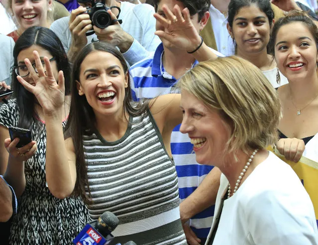In this July 12, 2018, file photo, Alexandria Ocasio-Cortez, left, the surprise winner in the congressional race who unseated 20-year incumbent Joe Crowley in New York's Congressional District 14, stands next to Zephyr Teachout, after endorsing her candidacy for Attorney General during a news conference in New York. The Democratic party’s newest star, New York City congressional candidate Alexandra Ocasio-Cortez, visited the Capitol on July 24, to meet with lawmakers who may soon be colleagues. (Photo by Bebeto Matthews/AP Photo)