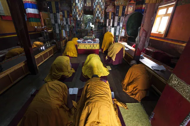 In this photograph taken on July 9, 2018, Indian Buddhists monks prostrate during a morning “puja” at the prayer hall of Tnagyud Gompa monastery in Komik in Spiti Valley in the northern state of Himachal Pradesh. Some 18,000 feet (5,500 metres) above sea level in the Indian Himalayas sits the Tnagyud Gompa Buddhist Monastery, where snow leaves the monks in complete isolation for seven months a year. Right now the monks and people in the nearby village of Komik, said to be Asia' s highest, are feverishly preparing for winter, stocking up on food and drying vegetables and fuel – and praying. (Photo by Xavier Galiana/AFP Photo)