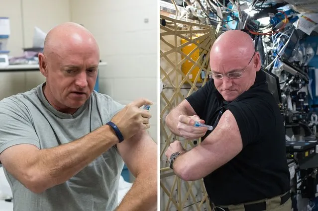 Former astronaut Mark Kelly, left, gives himself a flu shot at the Johnson Space Center in Houston on October 3, 2015 during testing in support of the Twin Studies. The vaccination is part of NASA's study of  identical twin astronauts Scott and Mark Kelly as Scott spends a year aboard the International Space Station and Mark remains on Earth. At right, Scott gives himself a flu shot aboard the space station on Sept. 24. (Photo by NASA)