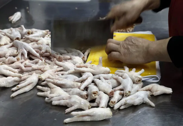 In this Monday, January 23, 2017 photo, chicken feet snacks shop owner Leung Kin-kung chops off nails of chicken feet in Hong Kong. (Photo by Vincent Yu/AP Photo)