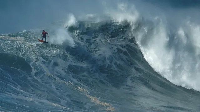 A surfer drops in on a large wave at Praia do Norte in Nazare, Portugal, February 10, 2017. (Photo by Rafael Marchante/Reuters)