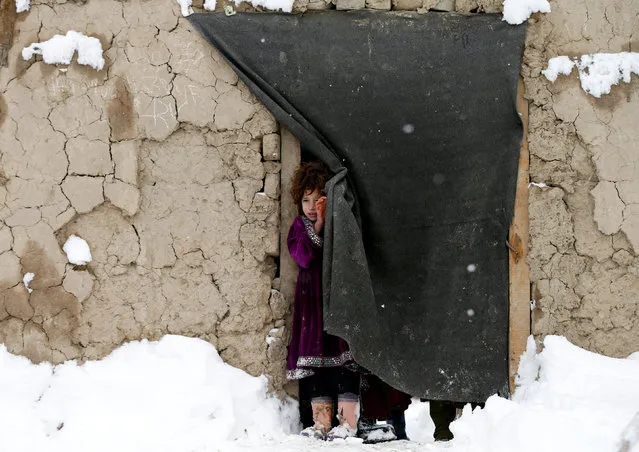 An internally displaced Afghan girl stands at the door of her shelter during a snowfall in Kabul, Afghanistan February 5, 2017. (Photo by Mohammad Ismail/Reuters)
