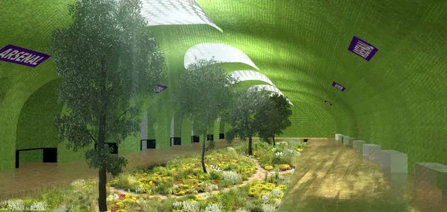This computer image provided in March 2014 by Laisne Architectes shows an abandoned Paris subway station turned into a gardenn, part of conservative candidate for Paris Mayor Nathalie Kosciusko-Morizet's, known as NKM, plan to reimagine the city. Paris has 10 abandoned metro stations, mostly unseen as the trains hurtle through their darkened tunnels. NKM has a futuristic plan to transform these stations into public spaces like a swimming pool, performance hall or restaurant. (Photo by AP Photo/Oxo Archiract/Nicolas Laisne Architectes)