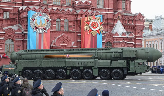Russian “Yars” intercontinental ballistic missile launcher takes part in the Victory Day military parade in Moscow, Russia, 09 May 2024. Russia marks the 79th anniversary of the victory in World War II over Nazi Germany and its allies. The Soviet Union lost 27 million people in the war. (Photo by Maxim Shipenkov/EPA/EFE/Rex Features/Shutterstock)