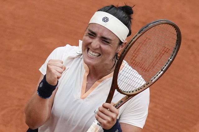 Tunisia's Ons Jabeur celebrates winning her second round match of the French Open tennis tournament against Colombia's Camila Osorio at the Roland Garros stadium in Paris, Wednesday, May 29, 2024. (Photo by Christophe Ena/AP Photo)