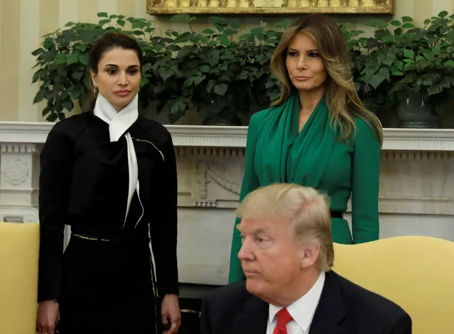 U.S. first lady Melania Trump and Jordan's Queen Rania (L) look on as U.S. President  Donald Trump meets with King Abdullah of Jordan (not pictured) at the White House in Washington, U.S., April 5, 2017. (Photo by Kevin Lamarque/Reuters)