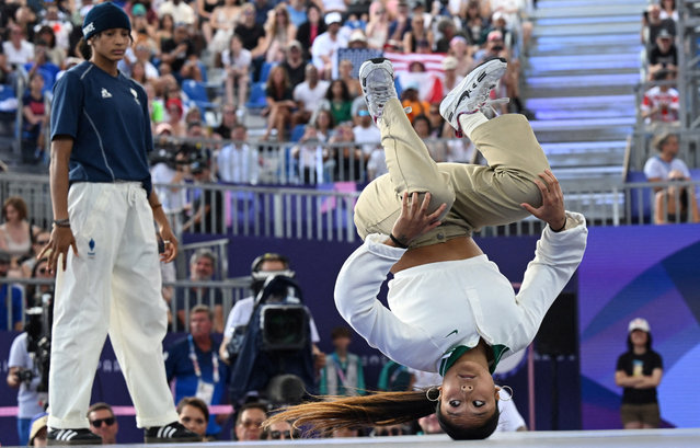 US' Logan Edra, known as Logistx, competes in the Women's Breaking dance Round robin of the Paris 2024 Olympic Games at La Concorde in Paris, on August 9, 2024. (Photo by Angelika Warmuth/Reuters)