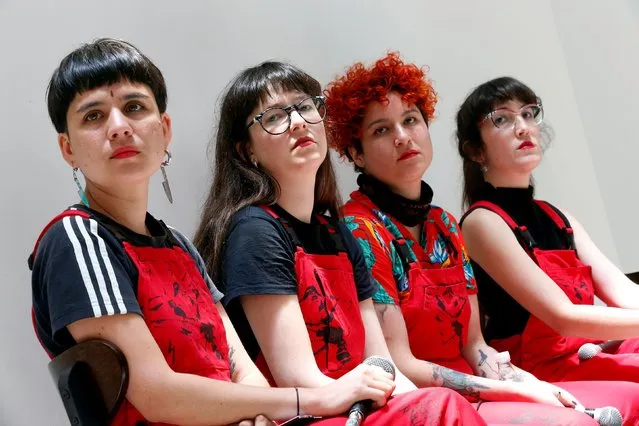 Dafne Valdes, Sibila Sotomayor, Lea Caceres and Paula Cometa of the feminist collective named Las Tesis, composers of the performance “Un violador en tu camino”, (“A rapist in your path”) take part in a feminist meeting at Valparaiso, Chile December 11, 2019. (Photo by Rodrigo Garrido/Reuters)