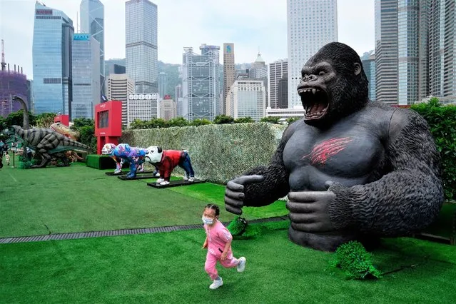 A girl wearing a face mask, runs away from a replica of a gorilla at park in Hong Kong, Monday, May 9, 2022. (Photo by Kin Cheung/AP Photo)