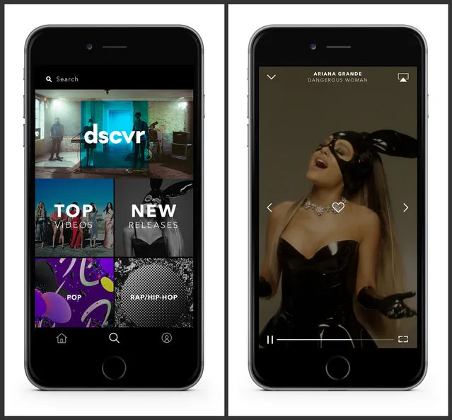 This photo combo of photos provided by Vevo shows examples of Vevo's relaunched app. Vevo, the music video brand of labels Sony and Universal, wants to give you a reason to watch videos somewhere other than YouTube. The relaunch of its mobile app Thursday, July 14, 2016, adds several hosts who will curate playlists and create original snippets of video, introduces a video player that, like Snapchat, allows you to view full-screen content while holding your phone upright instead of sideways, and gives you a personalized feed of recommended videos that automatically shows moving image previews. (Photo by Vevo via AP Photo)