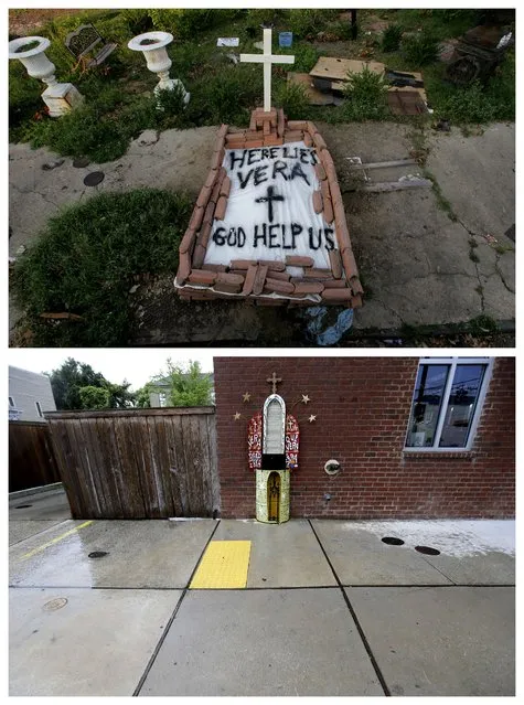 This combination of September 4, 2005 and July 30, 2015 photos show a makeshift tomb at a New Orleans street corner, concealing a body that had been lying on the sidewalk for days in the wake of Hurricane Katrina, and the same site a decade later with an artist's memorial to the woman known as Vera. (Photo by Dave Martin/Gerald Herbert/AP Photo)