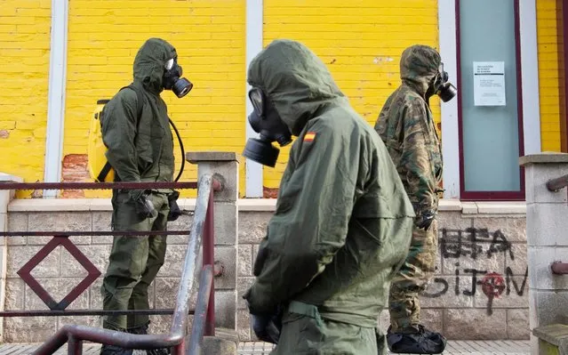 Spanish Armed Forces in Norena, Spain, on March 30, 2020. More than 2,500 Army soldiers are deployed throughout the country to fight the pandemic. These military units can be deployed on the streets in tasks of disinfection of public spaces, control and surveillance, to ensure compliance with the rules that limit freedom of movement. (Photo by Alvaro Fuente/NurPhoto via Getty Images)