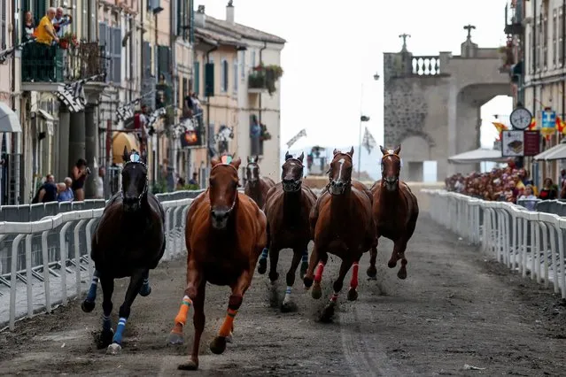 Riderless horses gallop in the traditional Palio di San Bartolomeo race along the renaissance streets of Ronciglione, Italy on August 21, 2022. (Photo by Remo Casilli/Reuters)