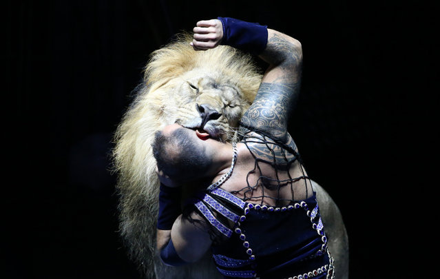 An artist with a lion perform during the first Minsk International Circus Art Festival in Minsk, Belarus, late 21 September 2017. Participants from 16 countries took part in the event. (Photo by Tatyana Zenkovich/EPA/EFE)