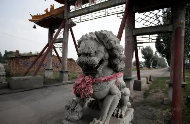 A lion statue stands at the main entrance of an abandoned Liuguanzhuang village in an area where land is sinking next to a coal mine in Datong, China's Shanxi province, August 1, 2016. (Photo by Jason Lee/Reuters)