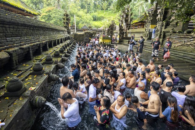 Balinese Hindu devotees bathe in the holy springs at the water temple of Tirta Empul during the Banyu Pinaruh purification ritual in Gianyar, Bali, Indonesia, 09 February 2025. Banyu Pinaruh is a Balinese Hindu purification ritual where people bathe in the sea, rivers, or sacred springs to cleanse themselves spiritually and seek wisdom. (Photo by Made Nagi/EPA)