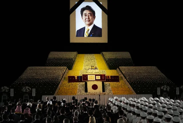A general view shows the state funeral for Japan's former prime minister Shinzo Abe in the Nippon Budokan in Tokyo on September 27, 2022. (Photo by Franck Robichon/Pool via AFP Photo)