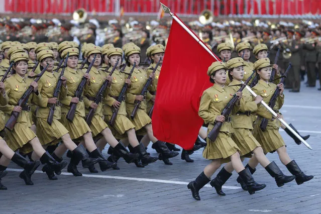 Female soliders march in a mass military parade at Kim Il-Sung square to mark the 70th anniversary of its ruling Worker's Party of Korea on October 10, 2015 in Pyongyang, North Korea. (Photo by ChinaFotoPress/ChinaFotoPress via Getty Images)