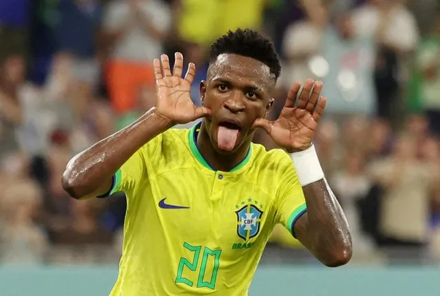 Vinicius Junior of Brazil celebrates after scoring a goal that was ruled offside during the FIFA World Cup Qatar 2022 Group G match between Brazil and Switzerland at Stadium 974 on November 28, 2022 in Doha, Qatar. (Photo by Carl Recine/Reuters)