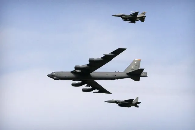 A U.S. Air Force B-52 bomber flies over Osan Air Base in Pyeongtaek, South Korea, January10, 2016. The United States is preparing to deploy up to six nuclear-capable B-52 bombers in northern Australia, a news report said Monday, Oct. 31, 2022, prompting China to accuse the U.S. of undermining regional peace and stability. (Photo by Ahn Young-joon/AP Photo)