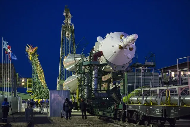The Soyuz TMA-15M spacecraft is rolled out to the launch pad by train at the Baikonur Cosmodrome on November 21, 2014 in Baikonur, azakhstan. The Launch of the Soyuz rocket is scheduled for November 24 and will carry Expedition 42 Soyuz Commander Anton Shkaplerov of the Russian Federal Space Agency (Roscosmos), Flight Engineer Terry Virts of NASA  and Flight Engineer Samantha Cristoforetti of the European Space Agency into orbit to begin their five and a half month mission on the International Space Station.  (Photo by Aubrey Gemignani/NASA via Getty Images)