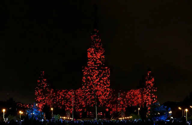 A view shows a lighting installation on the facade of Moscow State University during the Circle of Light International Festival in Moscow, Russia September 23, 2016. (Photo by Sergei Karpukhin/Reuters)