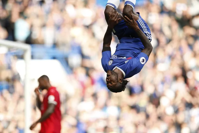 Britain Football Soccer, Chelsea vs Leicester City, Premier League, Stamford Bridge on October 15, 2016. Chelsea's Victor Moses celebrates scoring their third goal. (Photo by Andrew Couldridge/Reuters/Action Images/Livepic)