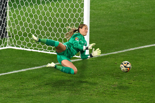 England goalkeeper Mary Earps saves a penalty from Jennifer Hermoso of Spain during the FIFA Women's World Cup Australia & New Zealand 2023 Final match between Spain and England at Stadium Australia on August 20, 2023 in Sydney, Australia. (Photo by Charlotte Wilson/Offside/Offside via Getty Images)