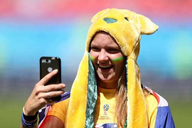 An Australia fan enjoys the pre match atmosphere prior to the 2018 FIFA World Cup Russia group C match between France and Australia at Kazan Arena on June 16, 2018 in Kazan, Russia. (Photo by Catherine Ivill/Getty Images)