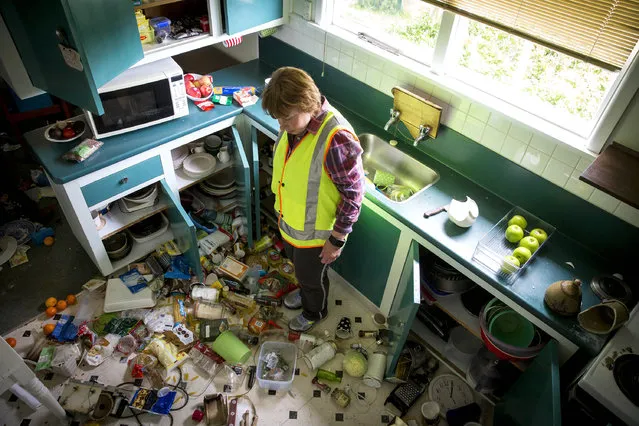 Mary Kimber stands in her kitchen following an earthquake in Waiau, New Zealand Monday, November 14, 2016. A powerful earthquake that rocked New Zealand on Monday triggered landslides and a small tsunami, cracked apart roads and homes, but largely spared the country the devastation it saw five years ago when a deadly earthquake struck the same region. (Photo by Mike Scott/New Zealand Herald via AP Photo)