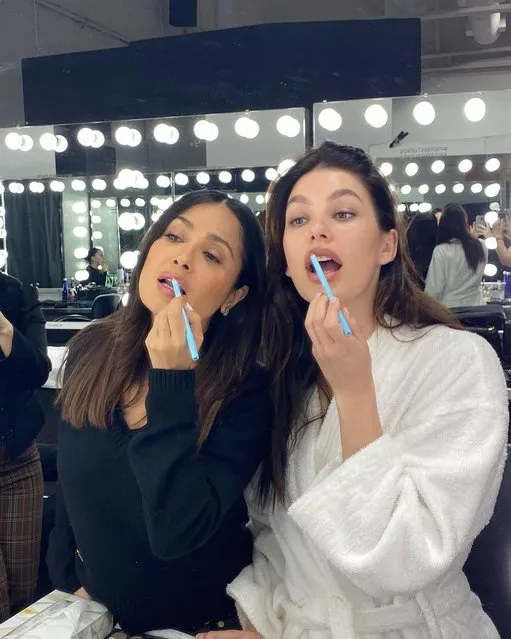 Mexican-American actress Salma Hayek (L) gets ready with American model Camila Morrone early July 2023. (Photo by salmahayek/Instagram)