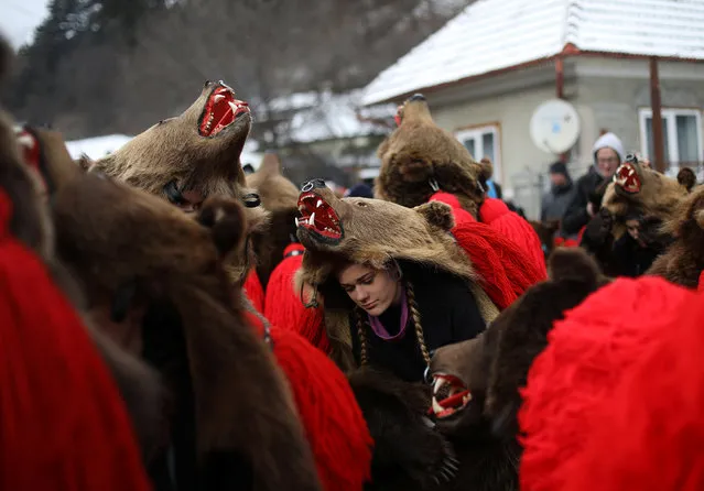Dancers wearing costumes made of bearskins dance in the town of Comanesti, Romania December 30, 2016. (Photo by Stoyan Nenov/Reuters)