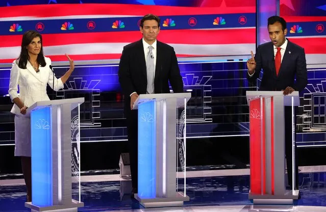 Former South Carolina Gov. Nikki Haley reacts to Vivek Ramaswamy's criticisms of her Ukraine war position during a Republican presidential debate in Miami on Wednesday, November 8, 2023. At center is Florida Gov. Ron DeSantis. Perhaps the tensest moment of the debate was when Haley and Ramaswamy clashed over an exchange about the Chinese-owned social media platform TikTok. Ramaswamy talked up his use of the app as a campaign tool while his rivals on stage pledged to bury it. He effectively called Haley a hypocrite because her daughter used it. Haley told Ramaswamy to “leave my daughter out of your voice” before dismissing him as “scum”. (Phoot by Mike Segar/Reuters)