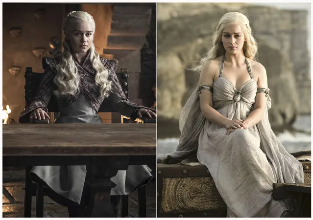 This combination photo of images released by HBO shows Emilia Clarke portraying Daenerys Targaryen in “Game of Thrones”. The final season of the popular series premieres on April 14. (Photo by HBO via AP Photo)