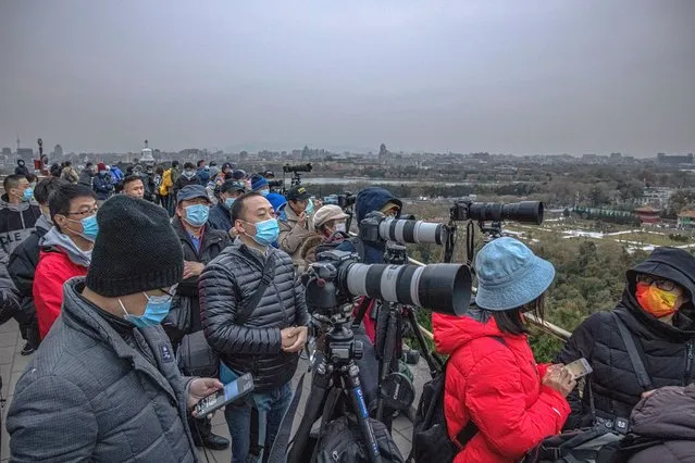 People wearing face masks stand at a viewpoint of Jingshan Park with their photo cameras as they wait for the partial lunar eclipse, which was not visible from the viewpoint, in Beijing, China, 19 November 2021. This was the longest partial lunar eclipse in five hundred and eighty years, giving the moon reddish hues and appearing in North America, parts of South America, Asia and Australia. (Photo by Roman Pilipey/EPA/EFE)