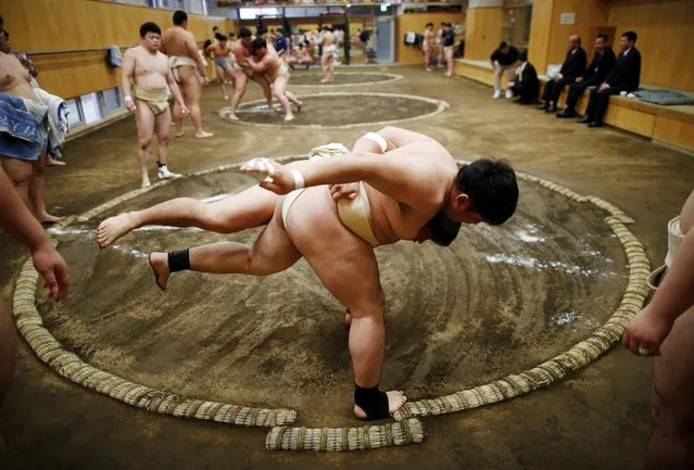 College students work out at the sumo wrestling club at Nippon Sports Science University in Tokyo, Japan on May 22, 2019. (Photo by Issei Kato/Reuters)