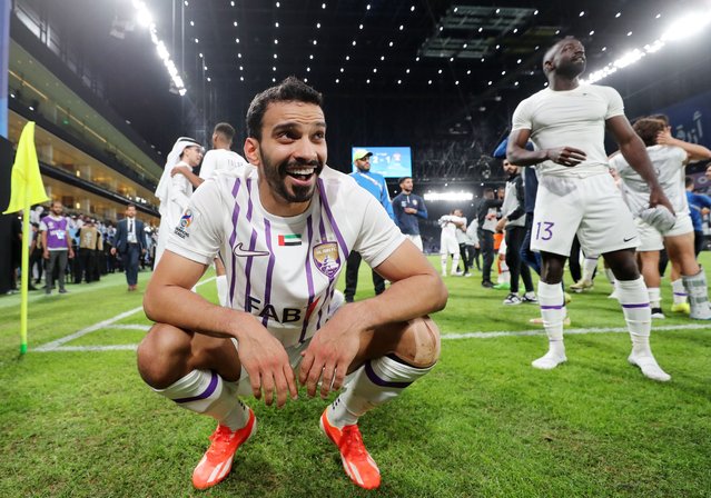 Al Ain's Khalid Al Hashmi celebrates progression to the final after the 2nd leg of the AFC Champions League semi-final between Al Ain and Al Hilal. Kingdom Arena, Riyadh, Saudi Arabia on April 24, 2024. (Photo by Chris Whiteoak/The National)