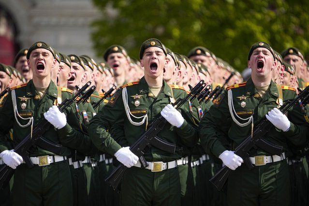 Russian servicemen march during the Victory Day military parade in Moscow, Russia, Thursday, May 9, 2024, marking the 79th anniversary of the end of World War II. (Photo by Alexander Zemlianichenko/AP Photo)