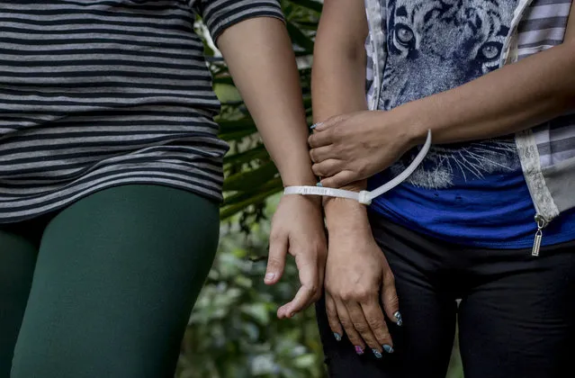 This December 8, 2016 file photo show two women who are accused by police of being part of the Mara Salvatrucha Gang are presented to the media at police headquarters in San Salvador, El Salvador. Authorities were surprised when a woman escaped the Mara Salvatrucha gang and told prosecutors its members had kidnapped her and forced her into a “black widow” arranged marriage. After the wedding, her new husband was killed in order to collect an insurance policy. (Photo by Salvador Melendez/AP Photo)