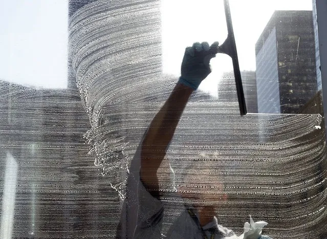 Kristoffer Comia does some Spring cleaning on windows at the court building on a warm sunny day in downtown Calgary, on Tuesday, April 22, 2014. (Photo by Larry MacDougal/The Canadian Press)