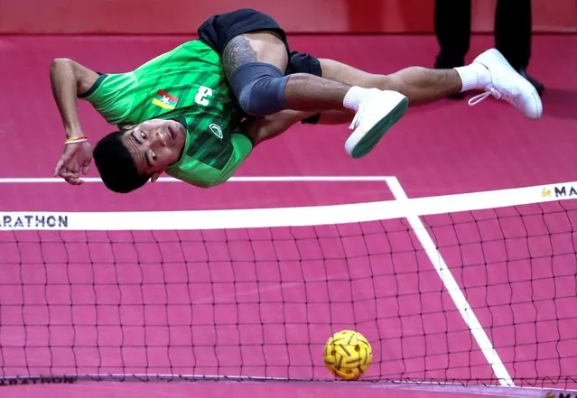 Myanmar's Naing Aung Myo in action during their Sepak Takraw match against Laos at the Southeast Asian Games in Olongapo, Philippines on December 4, 2019. (Photo by Athit Perawongmetha/Reuters)