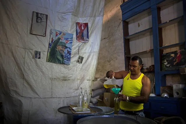 A worker pours cooking oil into a bottle for a waiting customer in a state bodega decorated with images of Fidel and Raul Castro in Old Havana, Cuba, Tuesday, Feb. 17, 2015. (Photo by Ramon Espinosa/AP Photo)