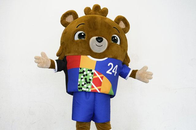 The mascot for the UEFA EURO 2024 soccer championships is presented in Gelsenkirchen, Germany, Tuesday, June 20, 2023. The mascot bear, that has no name so far, was shown to the public for the first time. (Photo by Martin Meissner/AP Photo)