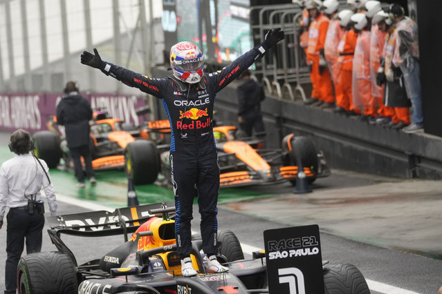 Red Bull driver Max Verstappen of the Netherlands, celebrates after winning the Brazilian Formula One Grand Prix at the Interlagos race track, in Sao Paulo, Brazil, Sunday, November 3, 2024. (Photo by Andre Penner/AP Photo)