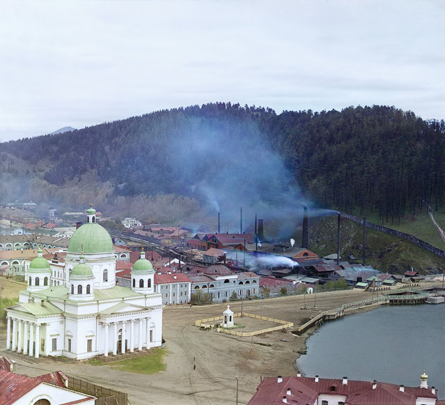 Photos by Sergey Prokudin-Gorsky. General view of the Zlatoust plant and Trinity Cathedral. Russia, Ufa Province, Zlatoust uyezd (district), Zlatoust town, September 1909